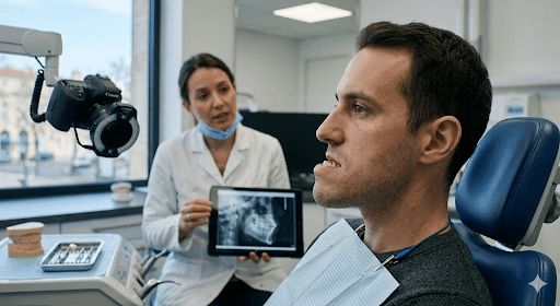 Praticienne présentant une radiographie sur tablette à un patient